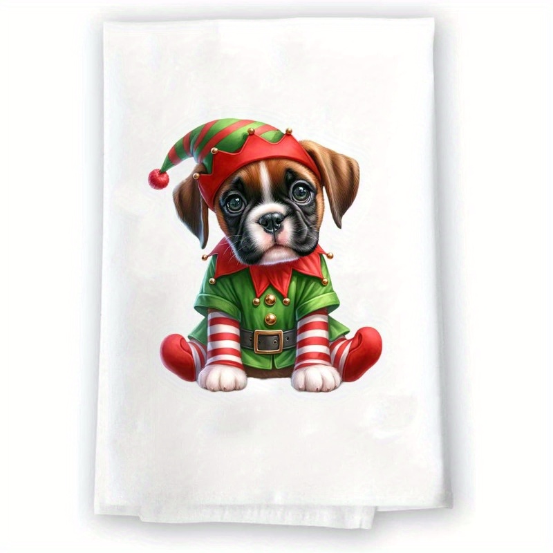 

Boxer Dog In Santa Hat Kitchen Towel - Modern Polyester, Machine Washable, 18x26 Inches