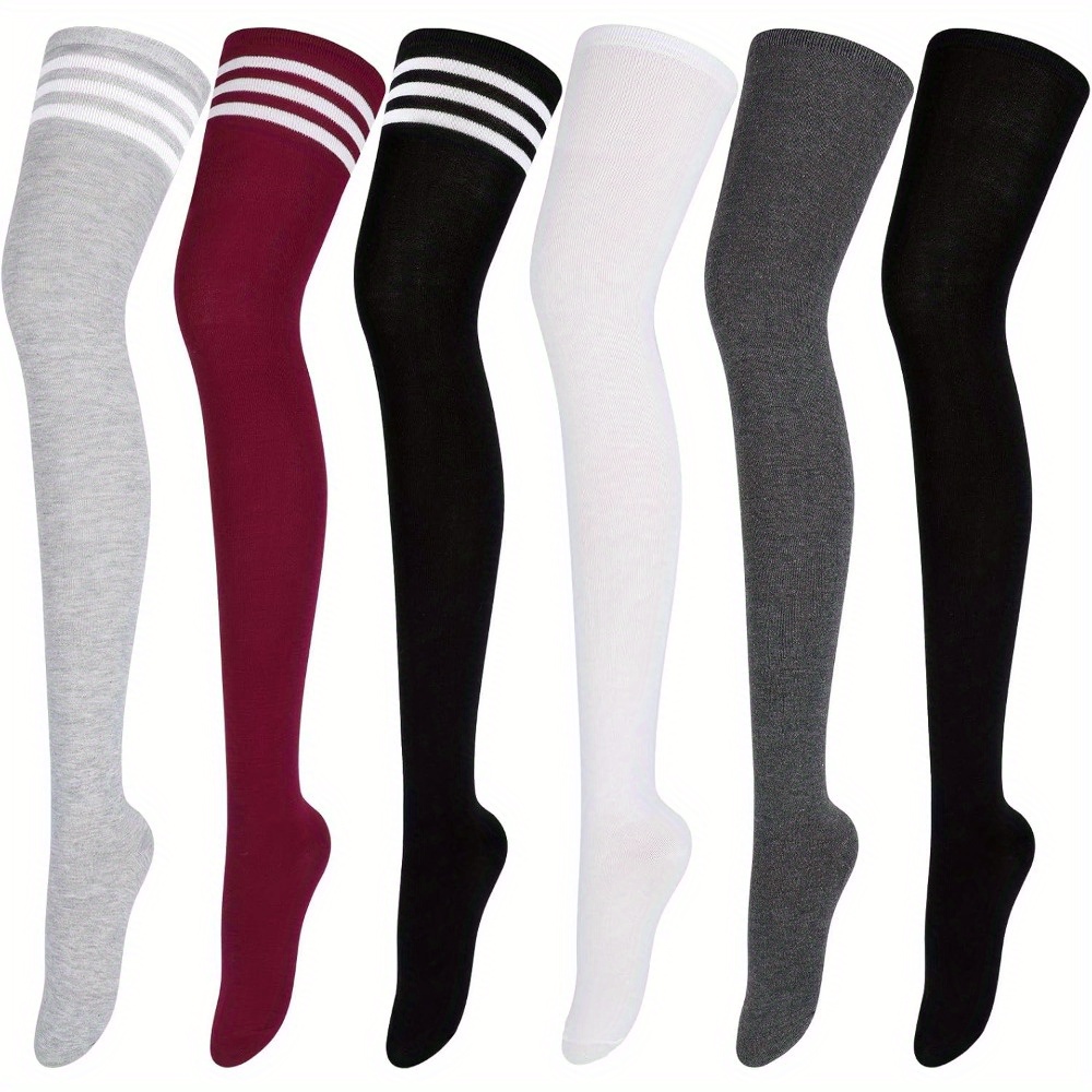 TEMU 6pcs Women's Over-the-knee Thigh Socks - Warm & Comfortable Nylon Boot Stockings In Solid Colors, Striped, And Gray - Ideal For Fall & , Thigh High Socks