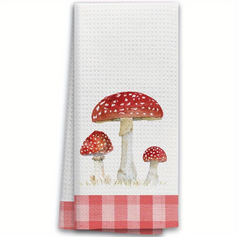 

1pc, 18x26 Inches, Fall Mushroom Kitchen Towel, Pink Chessboard Hand Towel, Contemporary Cartoon Style, Soft Polyester Dish Towel For Farmhouse Decor, Machine Washable, Rectangular Shape