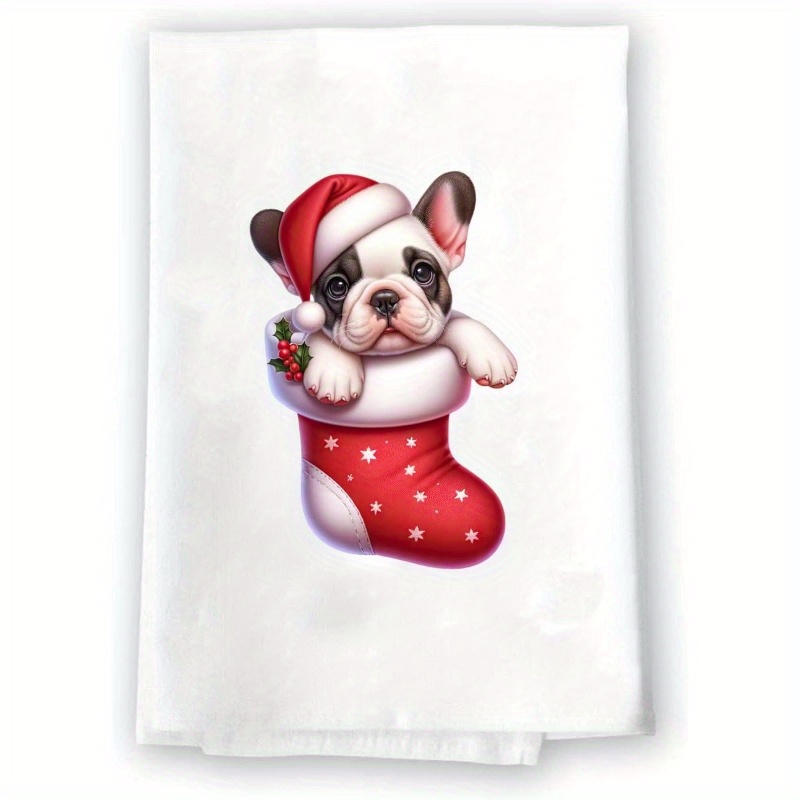 

1pc, Christmas French Bulldog In Santa Hat, 18x26 Inches, Modern Polyester Kitchen Towel, Soft Dishcloth, Washable, Home Decor, White