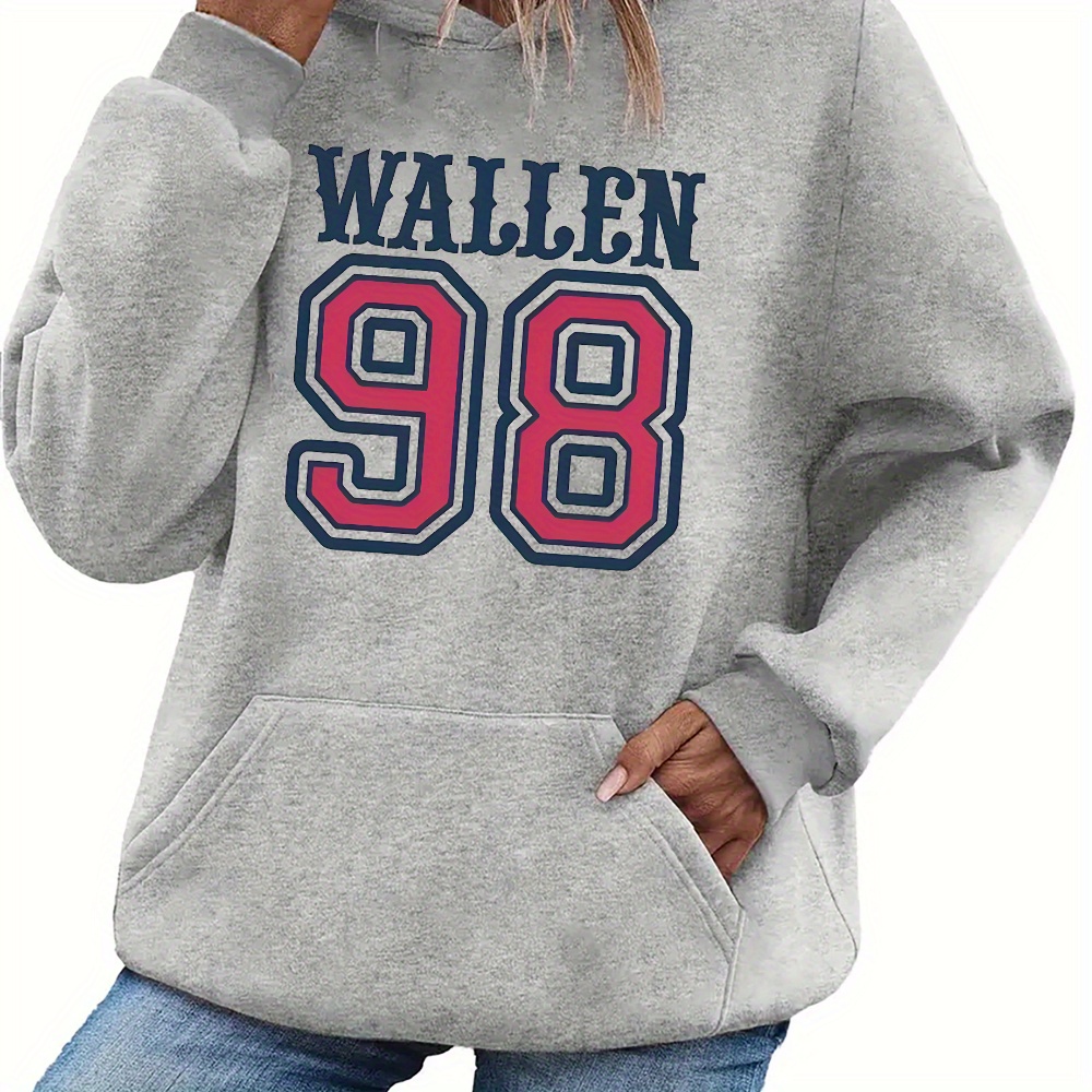 

Women's "wallen 98" Letter & Number Print Hoodie, Casual Knit Pullover With Kangaroo Pocket, Polyester Athletic Sweatshirt For & Travel