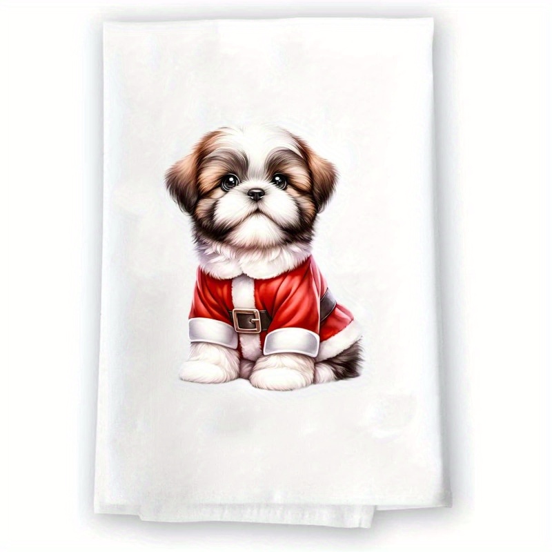 

1pc Set, Santa Dog Wearing Santa Hat | And Bathroom Decorative Towels | Shih Tzu, 18x26 Inches