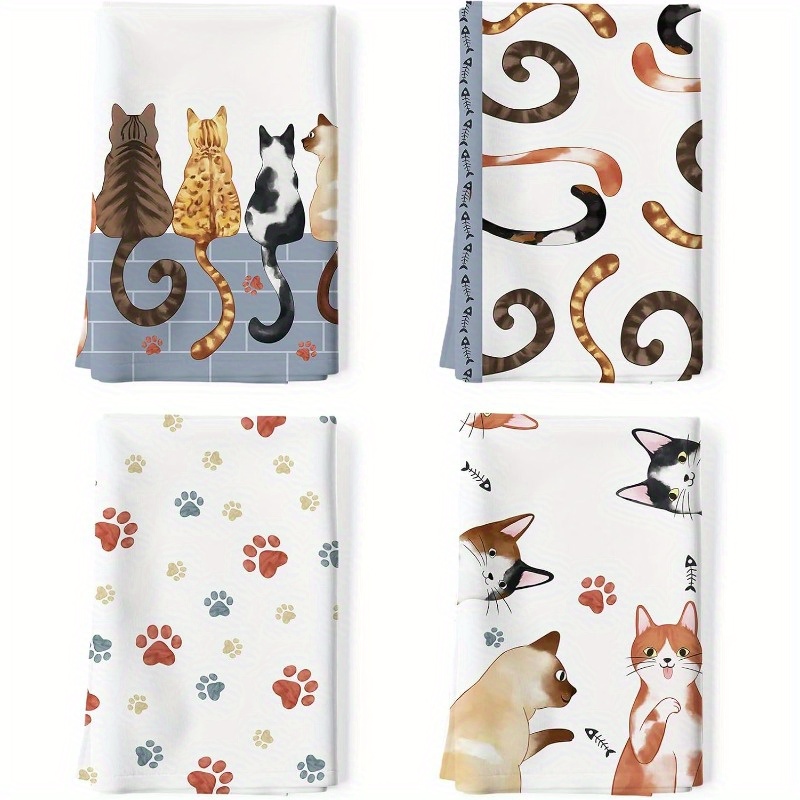 

4pcs Set Christmas Cat Tea Towels - Ultra Soft, Quick-dry Polyester Kitchen & Dining Towels, Machine Washable