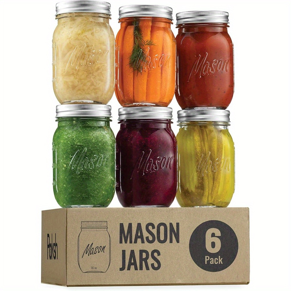 E-shop Novelty Mason-Gläser 16oz - 6er-Pack mit Regulärem Mund, Deckel & Dichtungsringen - Luftdichter Behälter für Einlegen, Einmachen, Kerzen,