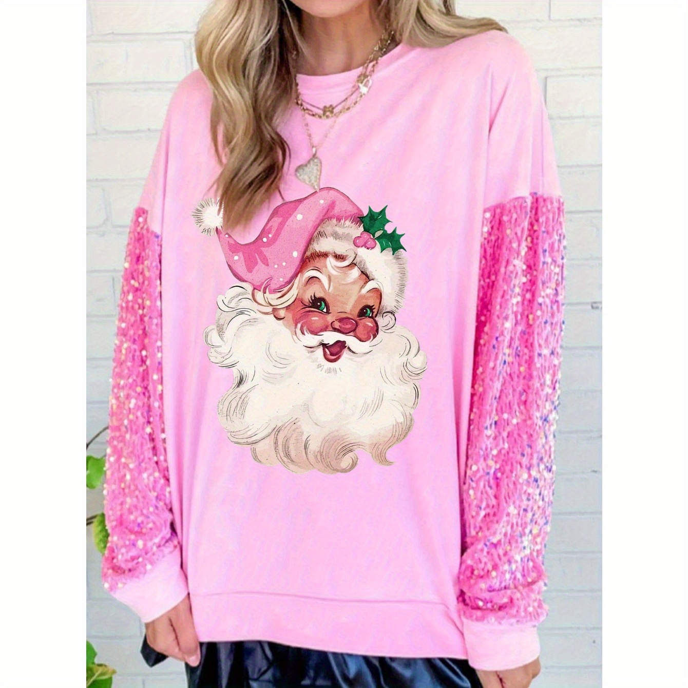 

Targeted, Christmas Print Sequin Patchwork Pink Sweatshirt