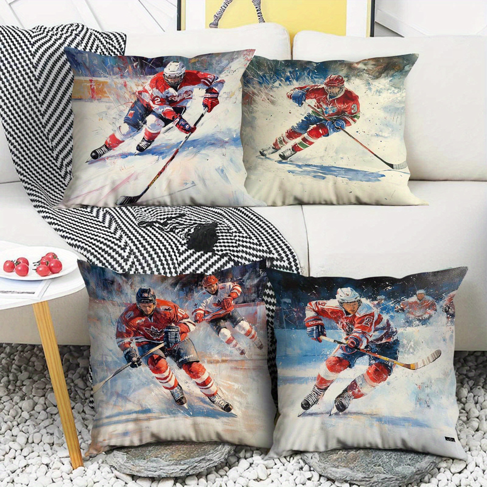 

4pcs Set Ice Hockey Themed Throw Pillow Covers, Zip Closure, Machine Washable - Christmas, Thanksgiving & Theme Parties - Decor For Indoor/outdoor, Car, Bed & Sofa, Seasonal, Without Pillow