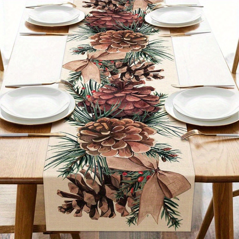 

Christmas Pine Cones And Berries Table Runner With Linen Bow Accent, Non-woven Linen Fabric, Rectangular, Decor For Indoor And Outdoor Parties