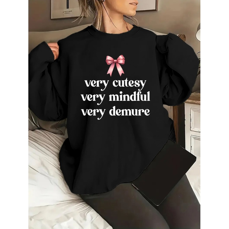 

Women' Sweatshirt, Black With Pink Bowknot, "very " Letter Print, Casual Round Neck, Polyester, Long Sleeves, Regular Fit, Knit, Autumn/winter Season