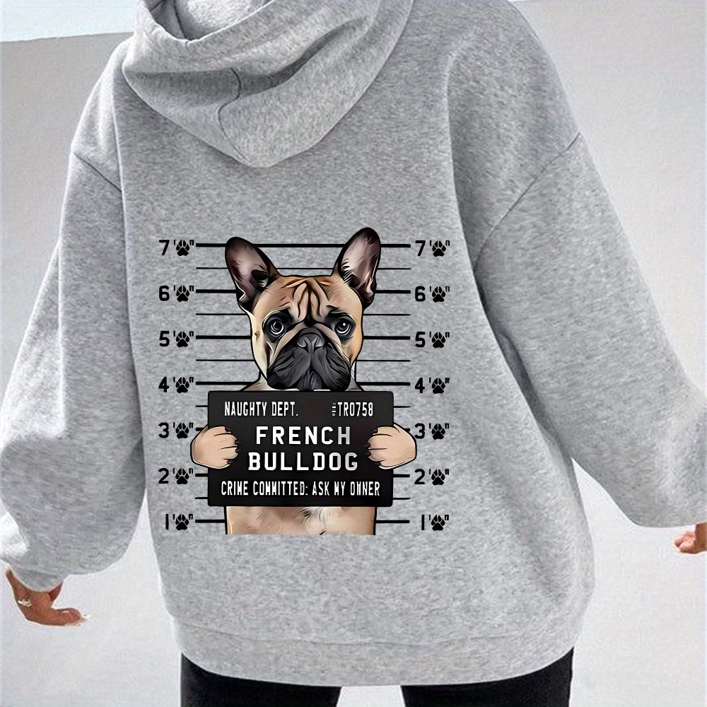 

Women's French Bulldog Hoodie With Height Chart Print, Casual Knit Pullover With Kangaroo Pockets, Stretchy Polyester, Fashion Top For & Travel