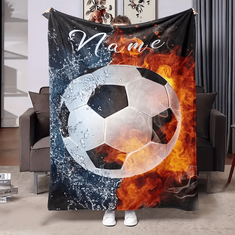 TEMU 1pc Customizable Soccer Blanket With Water & Flame Design – Personalized Name, Soft Flannel Throw For Son Or Grandson, Lightweight & Durable For