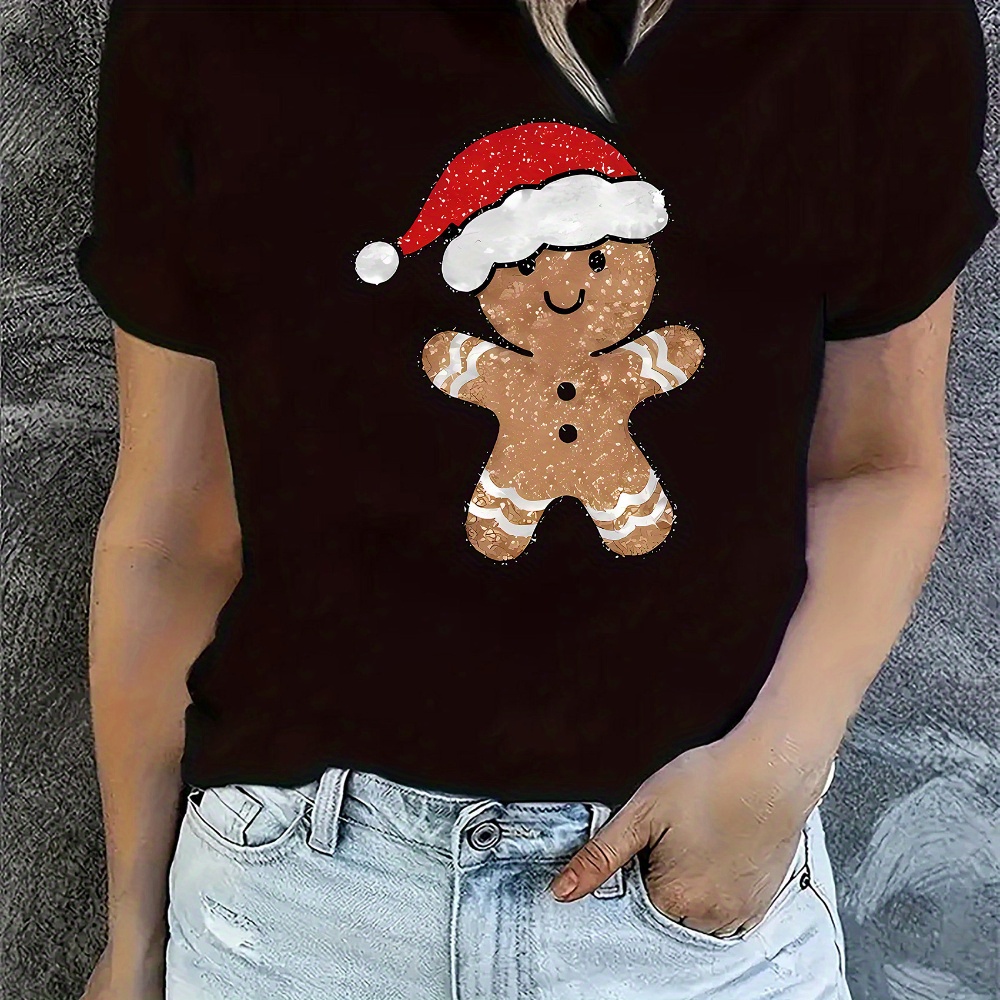 

Christmas Gingerbread Man T-shirt For Women, Holiday Crew Neck Short Sleeve Top, Polyester Spandex , Knit Fabric, Medium Stretch, Comfortable Wear