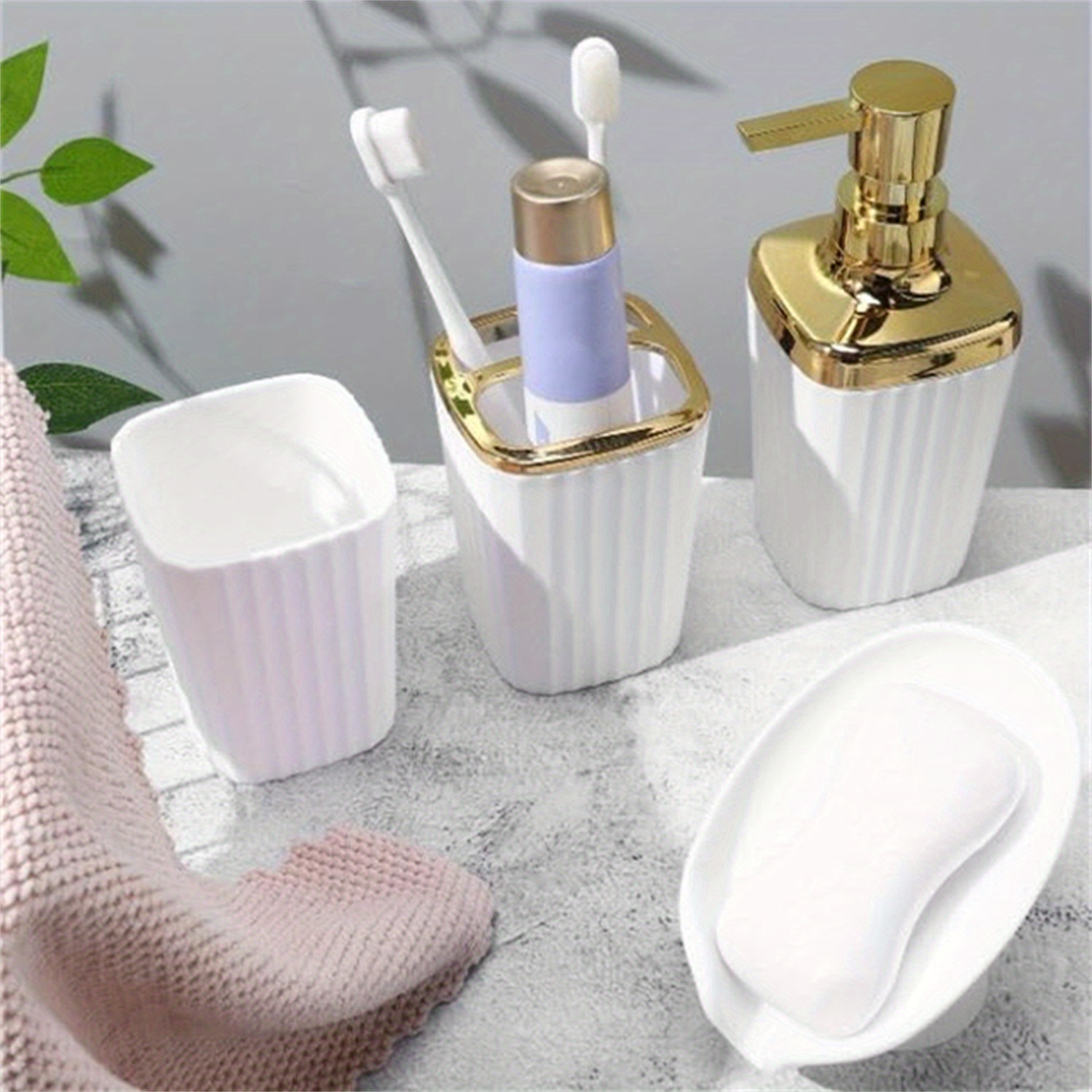 

4- Metal Bathroom Set, Suction Cup Dish, Plastic Toothbrush , , And