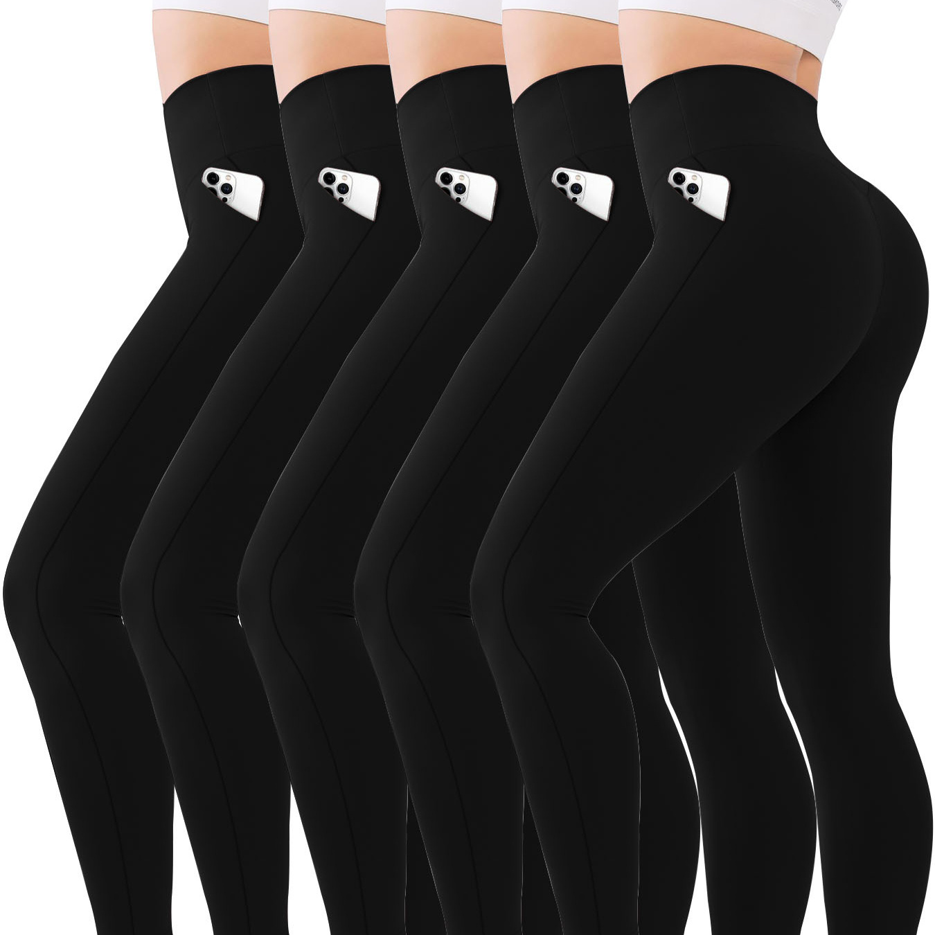 

Five-pack Women' Color Leggings With Pockets, High Waist And Invisible Tummy-control Style, Suitable For Yoga, Running And Fitness, Comfortable And Close-fitting, Elegant Style Inadvertently