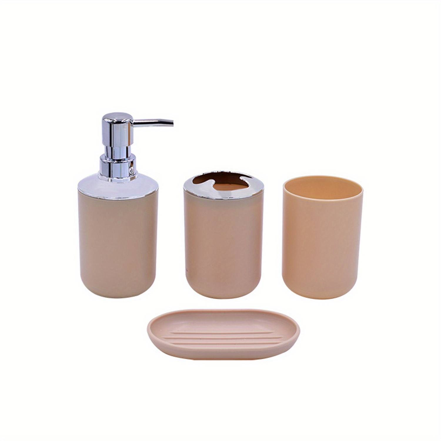 Image of 4pcs Beige Bathroom Set Lotion Bottle + Toothbrush Holder + Mouthwash Cup + Soap Box With Flat Spray Head