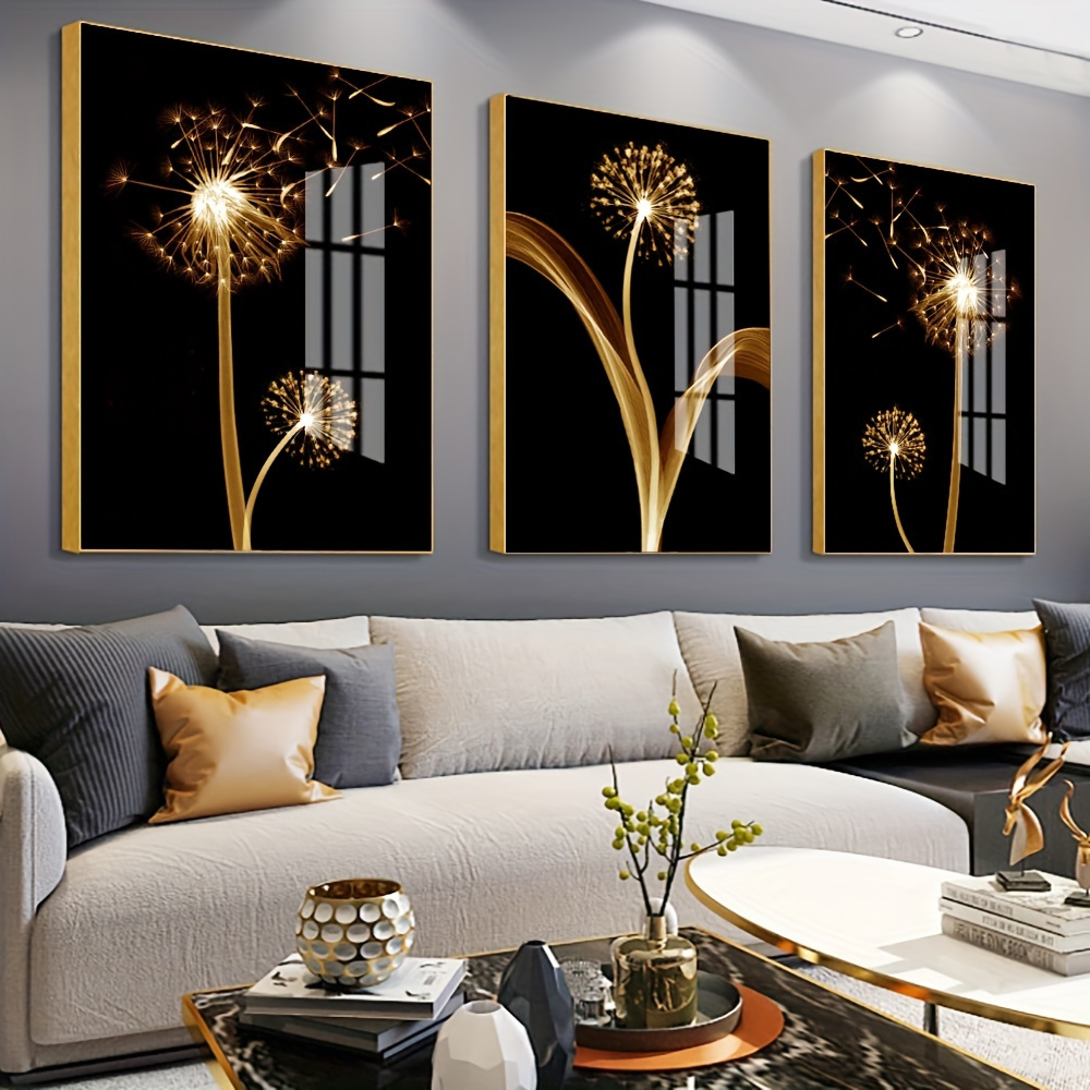 

3pcs Abstract Golden Dandelion Luxury Oil Painting Art Set- Wrapped Canvas Printmaking For Living Room Decoration- Unique Wall Art Piece (wrapped Canvas)