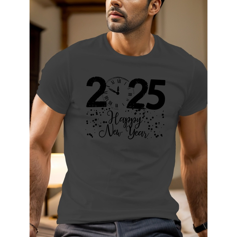 

Men's 2025 Happy New Year T-shirt, Short Sleeve, Summer Casual Tee, Polyester, Geometric Pattern, Crew Neck, Regular Fit, Stretch Knit Fabric, Adult Unisex Top