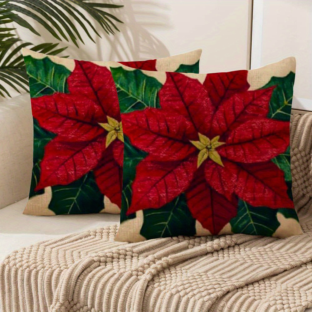 

Vibrant Red Poinsettia Christmas Throw Pillow Covers - Soft, Machine Washable, Zippered Polyester Cushion Cases With Holiday Room Decor, And