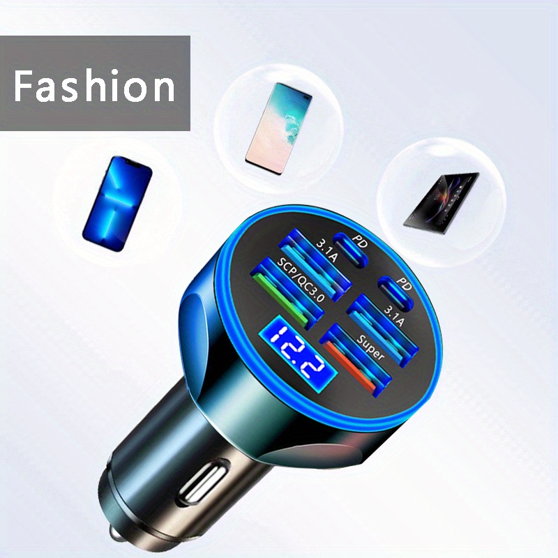 

Car Charger With 6-port Usb Car Charger With Dual Pd Port Charging Adapter, Charger, Car Charger With Led Voltage Monitoring, 4 Usb And 2 Type C Car Accessories, Suitable For A Of Sedans, R