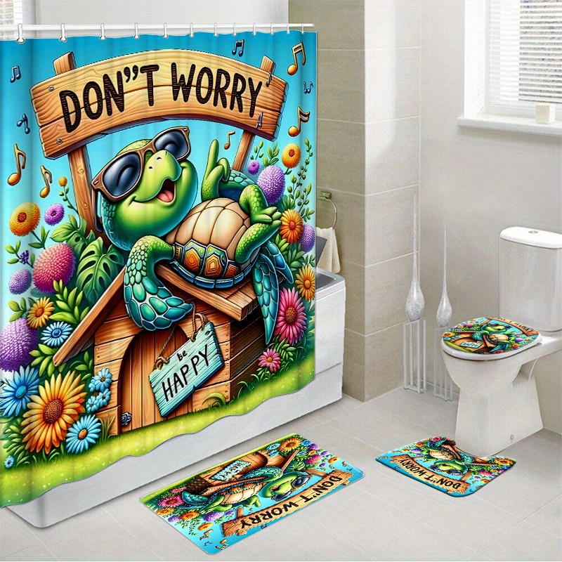 

1pc/4pcs Tropical Turtle Waterproof Shower Curtain Set, Polyester Fabric, Non-slip Bath Mat, Toilet Seat Cover, And Hooks, Fashionable Bathroom Decor With Weave, Only