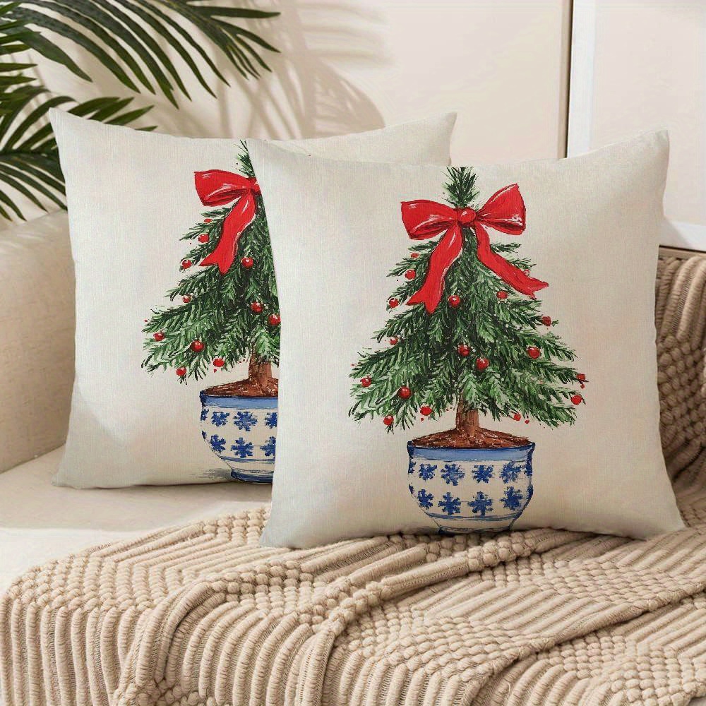 

Christmas - & Jar Bow Tree, Zippered Polyester Cushion Case For Decor