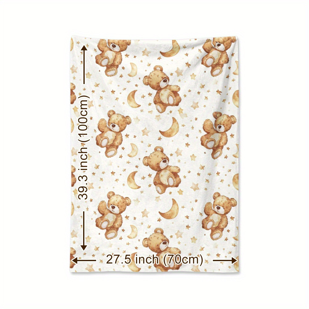 TEMU Cute Teddy Bear & Moon Flannel Throw Blanket - Watercolor Pattern With Stars, Soft Cozy Blanket For Napping, Camping, Travel, - , Contemporary