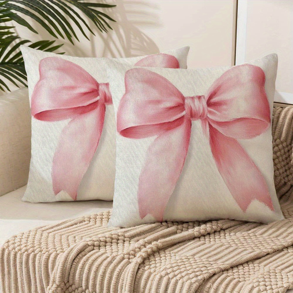 

2-pack Pink Bow Pillow Covers, Hemitong Traditional Style, Polyester, Machine Washable, Zippered Cushion Cases For Living Room Bedroom Decor