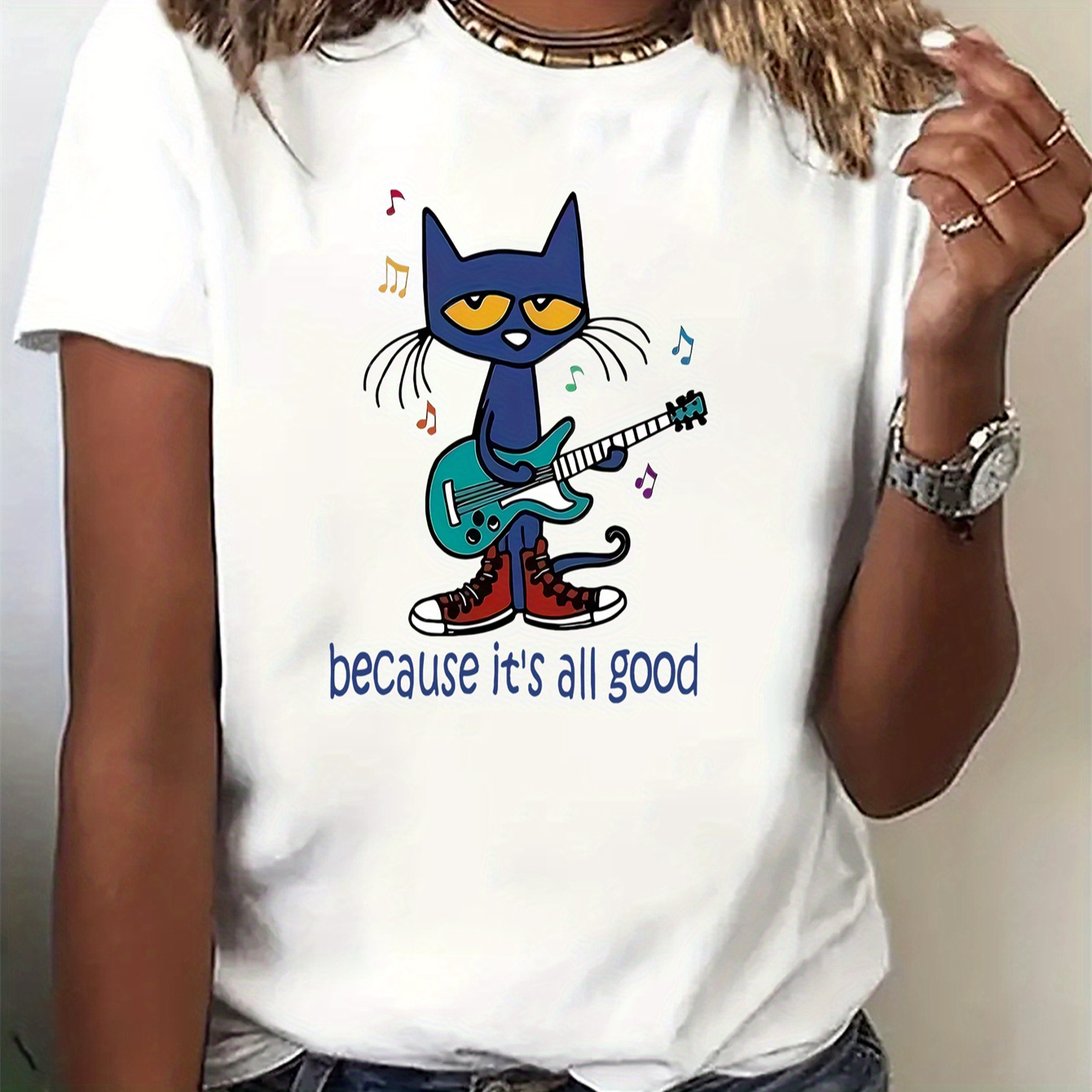 

Creative T-shirt, Short Sleeve Crew Neck Casual Top For Summer & Spring, Women's Clothing