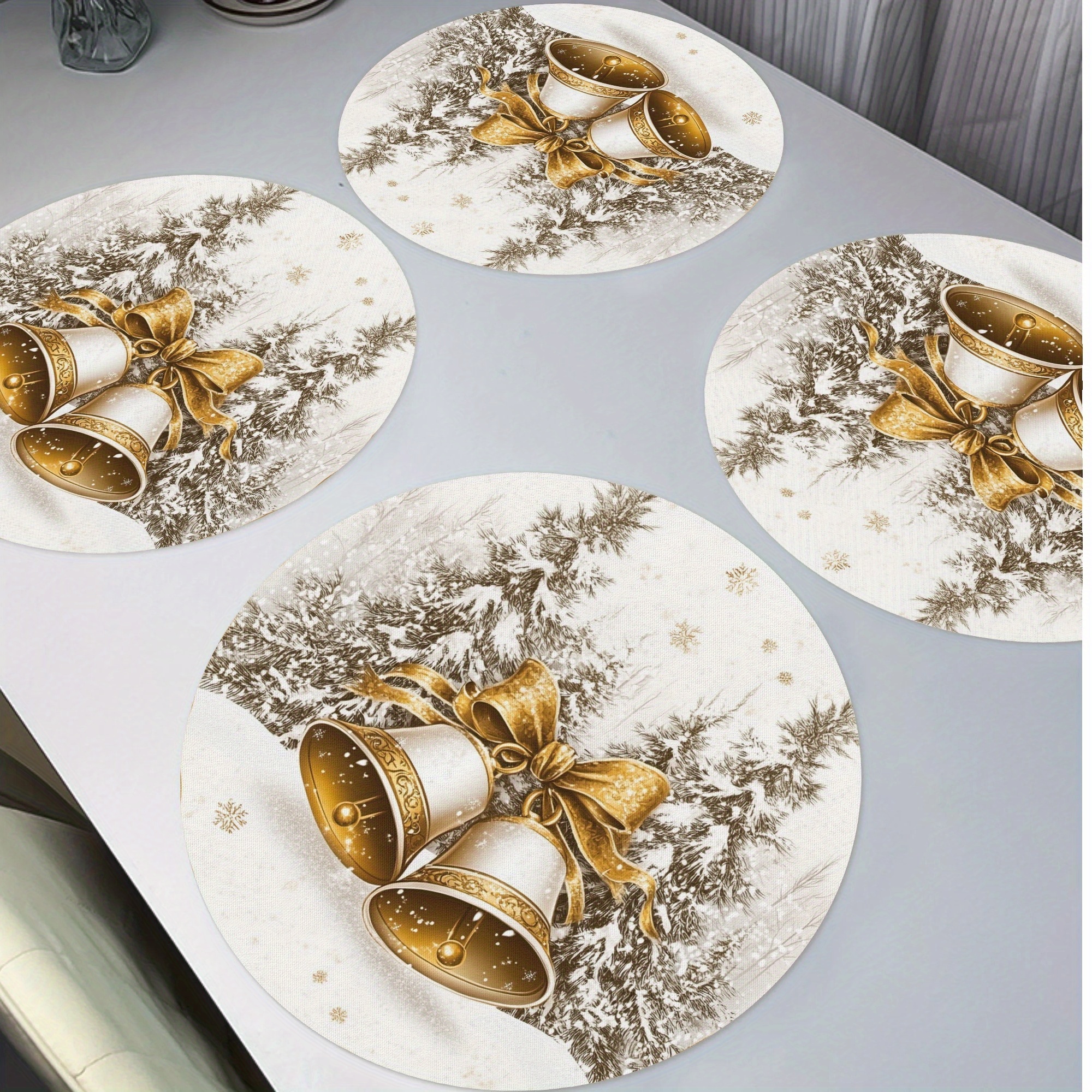 

4-pack Merry Christmas Placemats, 15" Round Polyester Table Mats With & Trees, Non-slip, Washable, Heat Resistant, For Party, Kitchen, Dining, Christmas Decor