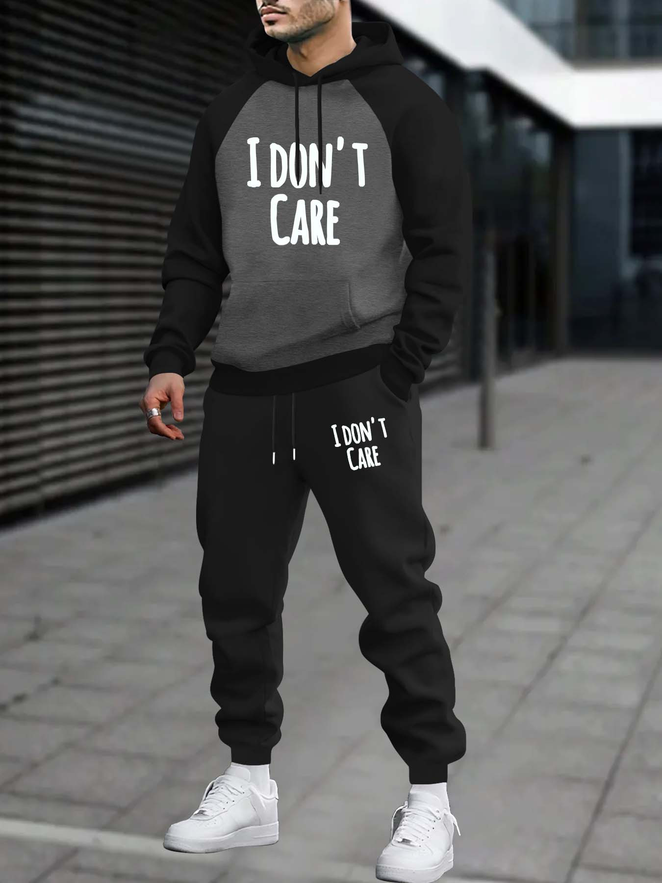 mens casual hooded tracksuit set printed dont care slogan Temu