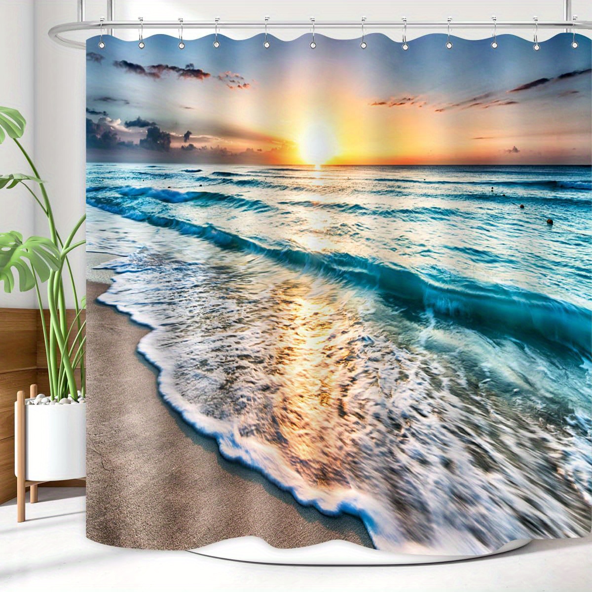 

1pc Ocean Wave Bathroom Curtain Digital Printing Polyester Waterproof Shower Curtain Punch-free Bathroom Curtain