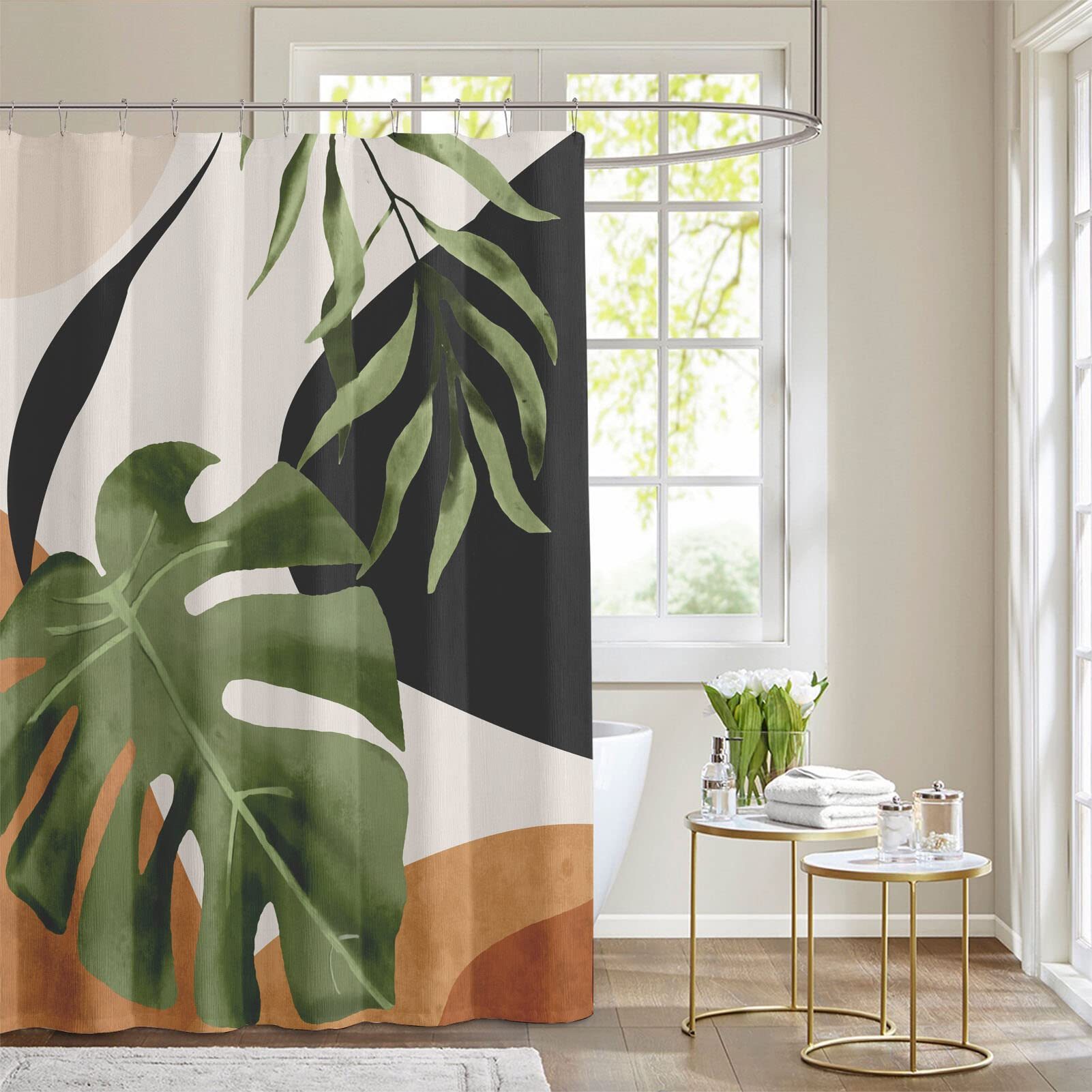 

1pc Artistic Green & Shower Curtain - Waterproof Polyester, With Hooks Included, Cedar Green, White, Bathroom Curtain, , Waterproof