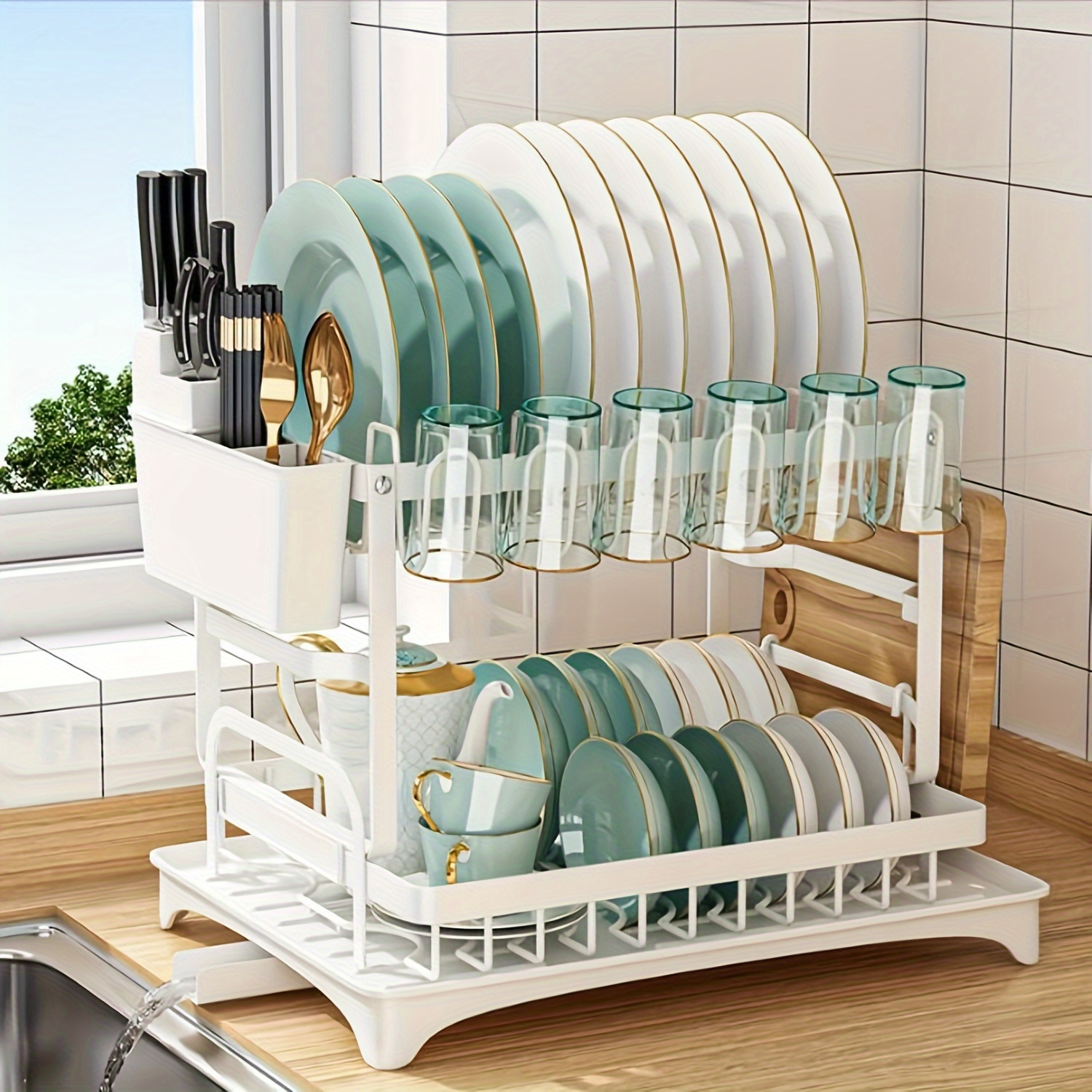 Space- 2-tier Carbon Steel Dish Rack With - Includes Utensil & Cup Holders, Perfect For Kitchen Organization