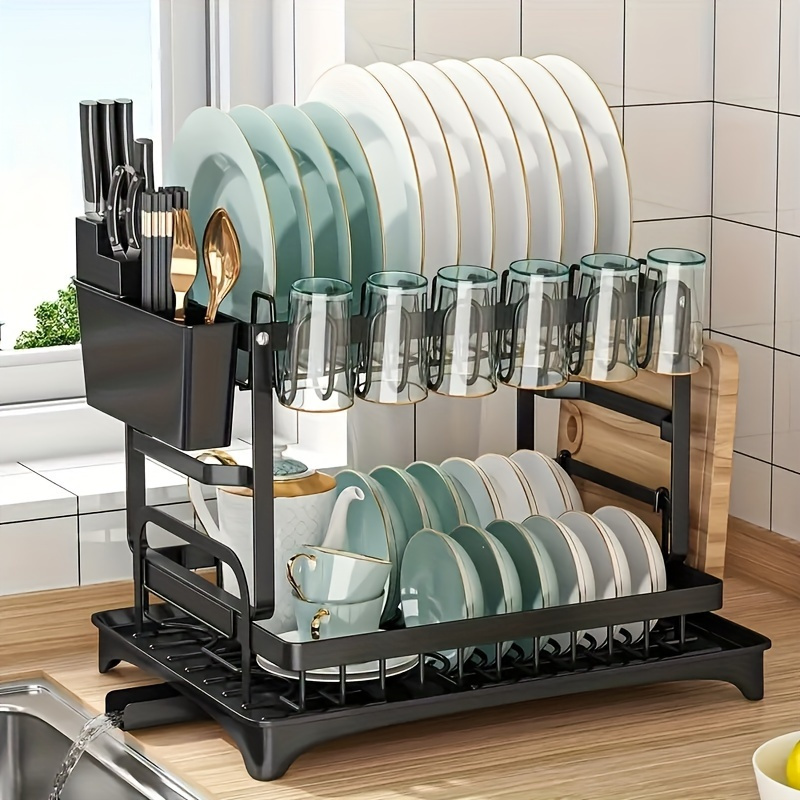 TEMU Space- 2-tier Carbon Steel Dish Rack With - Includes Utensil & Cup Holders, Perfect For Kitchen Organization