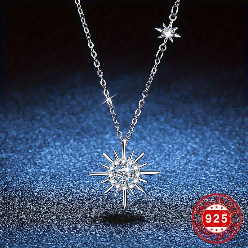 

Silvery Sun Pendant Necklace - 925 Sterling Silver, Inlaid White Zirconia, Elegant Clavicle Chain, Valentine's Day Gift, 2.9g Weight