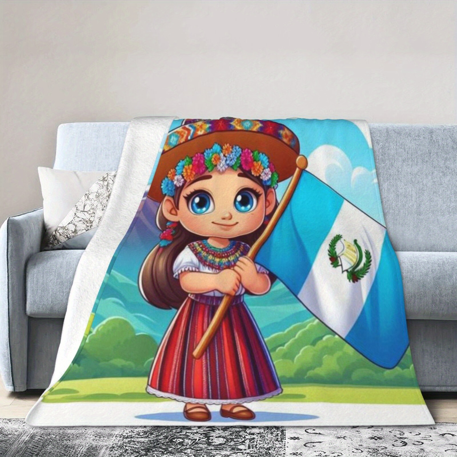 

1pc Guatemala Flag Cartoon Style Flannel Fleece Throw Blanket - Cozy Office, Sofa Decor, Travel Blanket, Gift - Home Decor Accessory, , Polyester, 250-300gsm