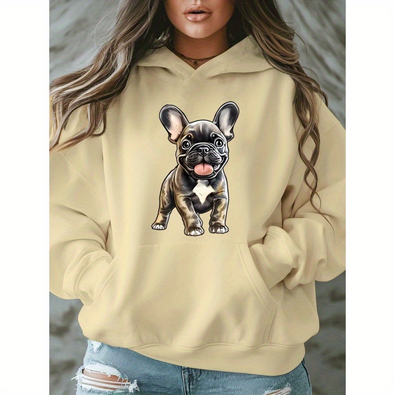 

Cozy Plus Size French Bulldog Hoodie For Women - Casual Long Sleeve Pullover With Pockets, Fall & Winter