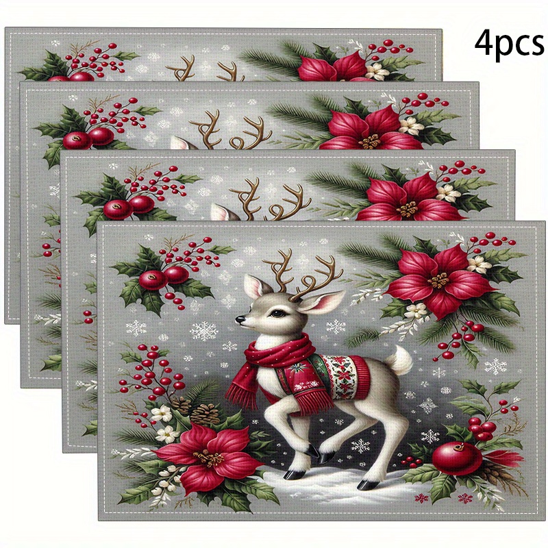 

4-pack Christmas Themed Linen Table Mats - Square Woven Placemats With Deer, Holly, And Design - Machine Washable, Heat-resistant Dining Mats For Home And Dining Use