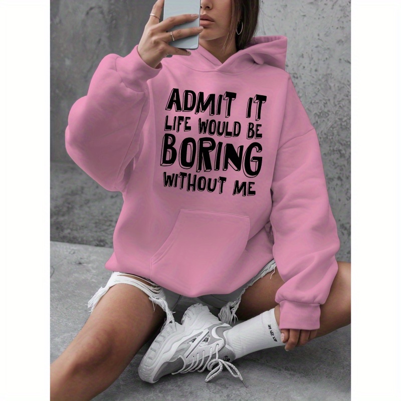 

Pullover décontracté taille plus avec de slogan - Sweat à capuche en polyester sur mesure avec légère élasticité pour femmes - automne/hiver confortable haut tricoté à motif alphabet