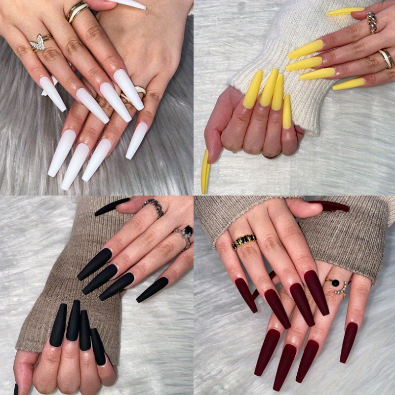 

96pcs (4pcs) Extra Long Ballerina Press-on Nails - Matte Acrylic In White, Yellow, Black, And Burgundy For Women And Girls, And Elegant