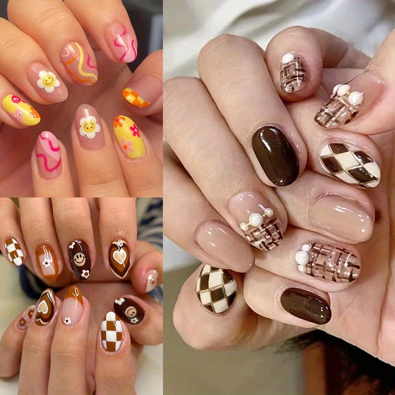 

72pcs(3pcs) Fall Press On Nails Short Fake Nails Brown French Tipfalse Nails With Designs Cute Flowers Hearts Acrylic Nailsfull Cover Round Head Brown Glue On Nails For Women Girlsautumn Nail Art