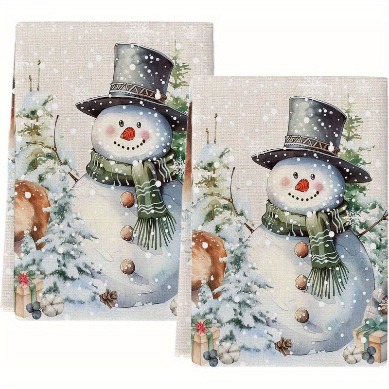 

2pcs Set Vintage & Snowman Kitchen Towels - Super Soft, Quick Dry Dish Cloths With Pine Needles, Deer & Squirrel Designs - Home Decor &