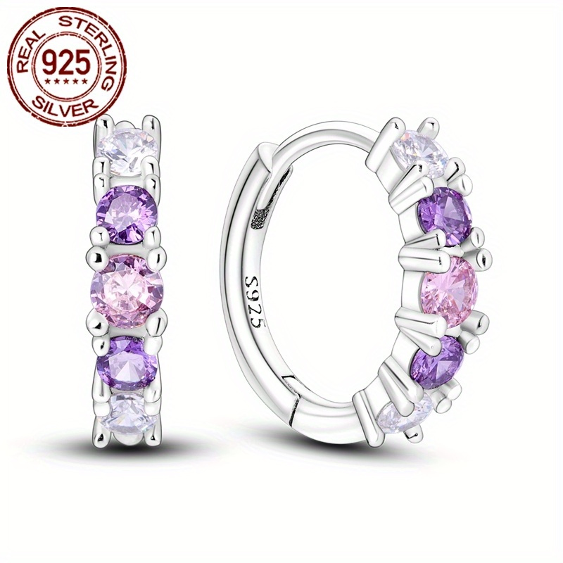 

Elegant 925 Sterling Silvery Hoop Earrings With Pink Purple Gradient Cubic Zirconia - Hypoallergenic, Vintage- For Women | Perfect Gift For Parties &