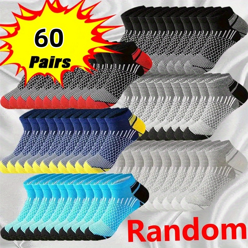 

60-pair Men's Athletic Ankle Socks - Breathable Polyester Knit Fabric, Moisture-wicking Low Cut , Non-slip Solid Color, Hand Washable - Multiseason