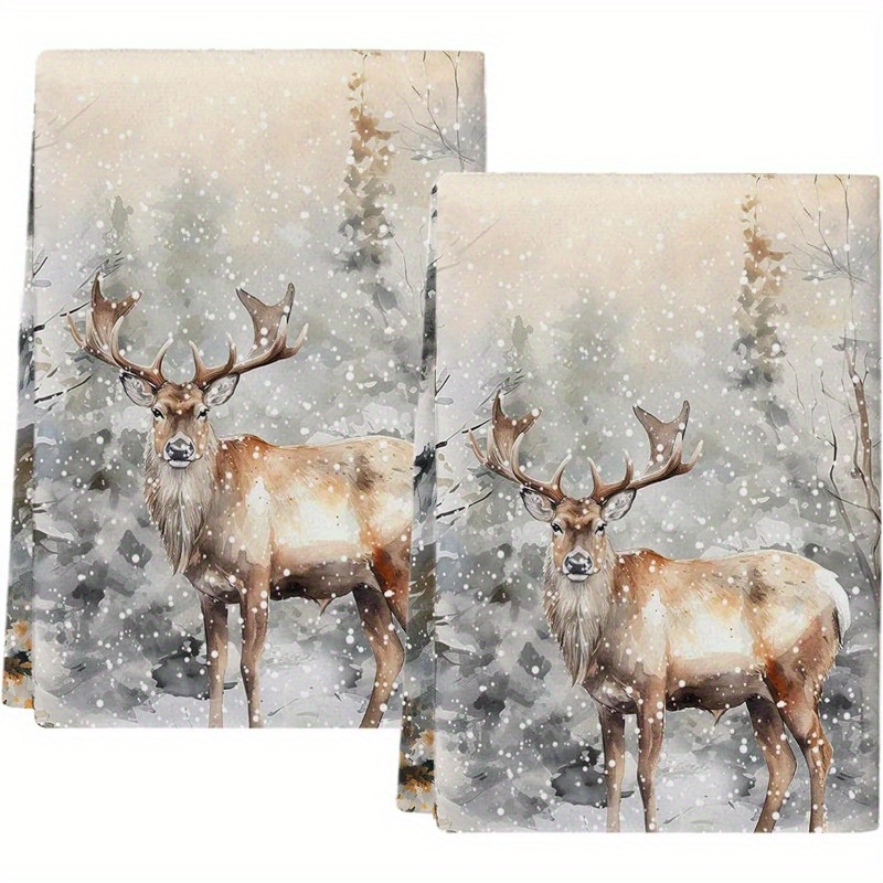 

2-pack Watercolor Deer Kitchen Towels - Modern Polyester Dish Cloths, Cartoon Theme, Super Soft & Quick- Towels, Oblong Shape, Machine Washable - 18x26 Inch Dish & Tea Towel Set