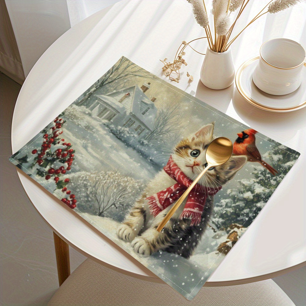 

4pcs Christmas Theme Placemats, Cat Pattern - Stain Dining Table , Washable, Kitchen , For Christmas Decor