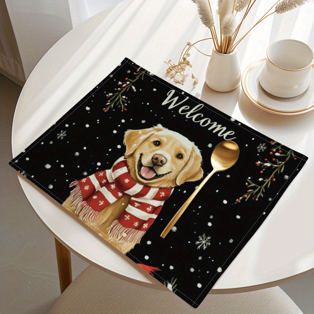 

4pcs Christmas Theme Placemats, Cute Dog & Pattern - Stain Resistant Dining Table Pads, Machine Washable, Kitchen Tabletop Protection, Christmas Home Decor