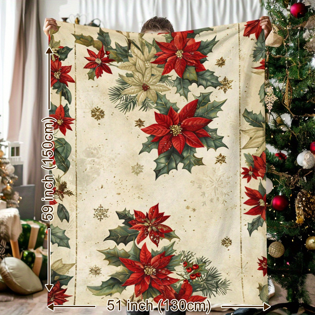 

Cozy Christmas Blanket With Poinsettia & Snowflake Design - Soft, Warm Flannel Throw For , Camping, Travel, And Home Decor - Gift