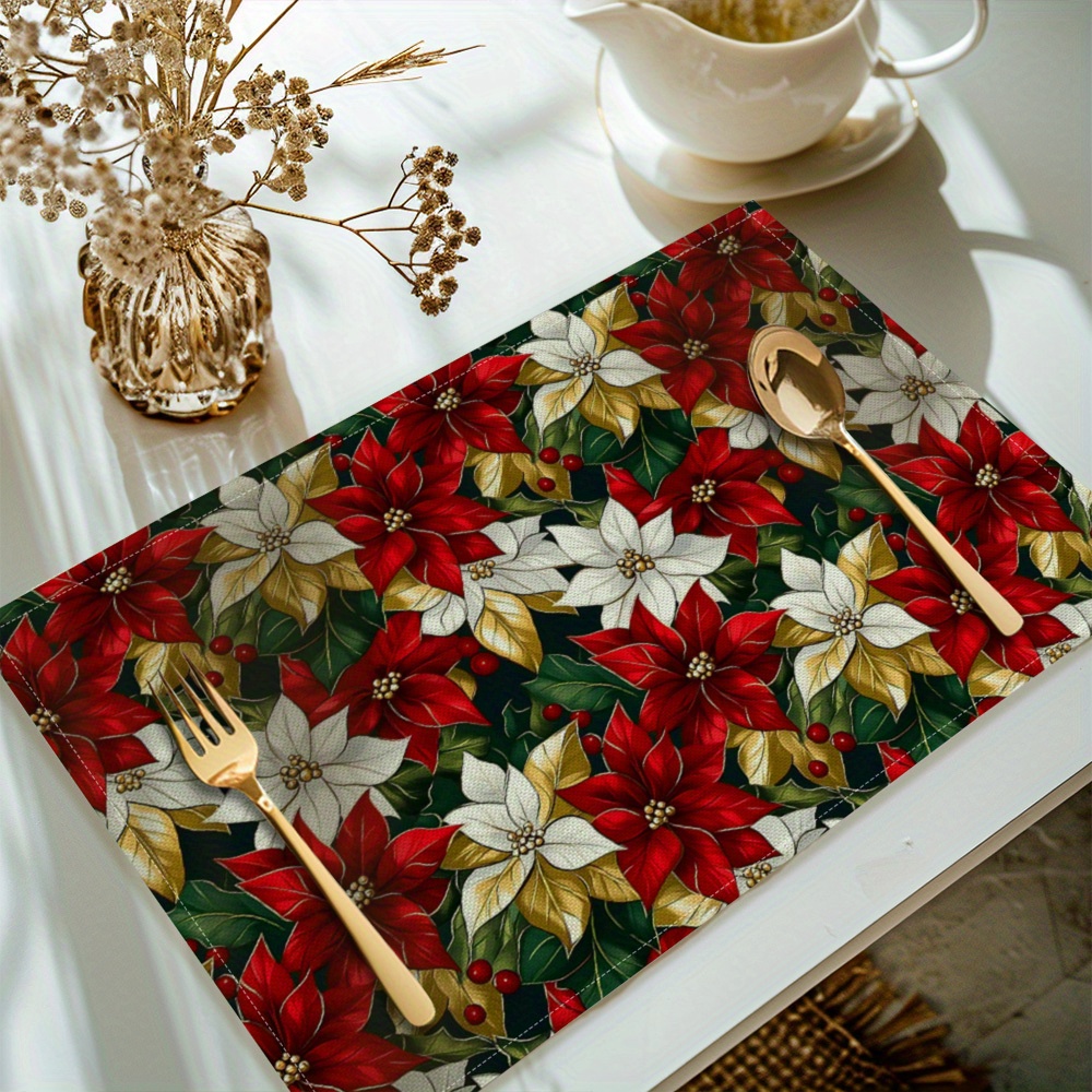 

4-pack Poinsettia Floral Placemats, 11.8x11.8 Inches, Polyester Table Mats, Washable Kitchen Dining Decor, Rectangular, Machine Wash Only,