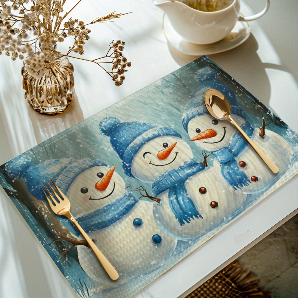 

4-pack Christmas Snowman Placemats, Polyester Table Mats, Rectangular Washable Kitchen Dining Decor, Machine Washable,