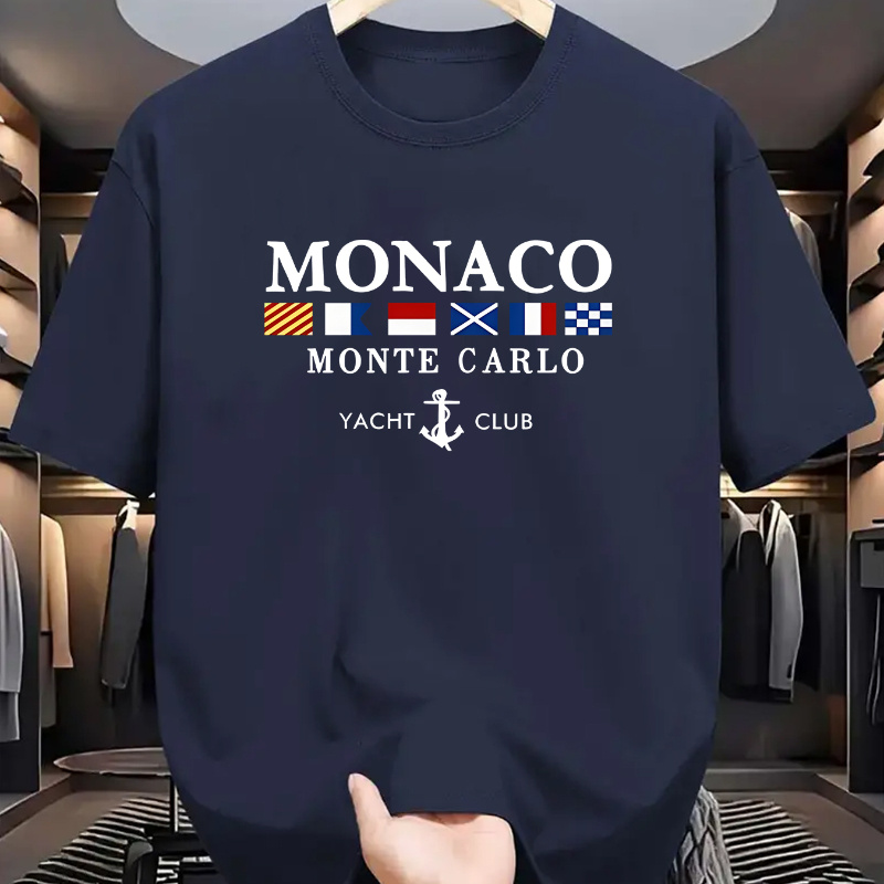 

Men's Monaco Flag Print T-shirt - Comfortable, Stretchy Summer Casual Round Neck Burgundy With Spanish And Monegasque Emblem Design